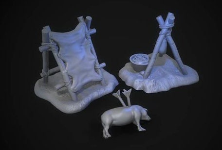 Hunter's accessories (tanned skin, drying meat and pig)
