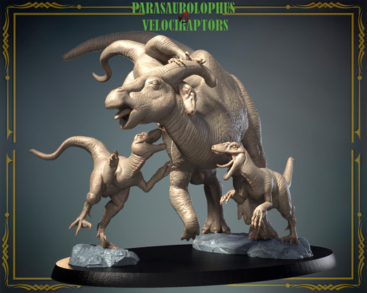 Parasaurolophus vs Velociraptor Diorama/ Dinosaur – image 1