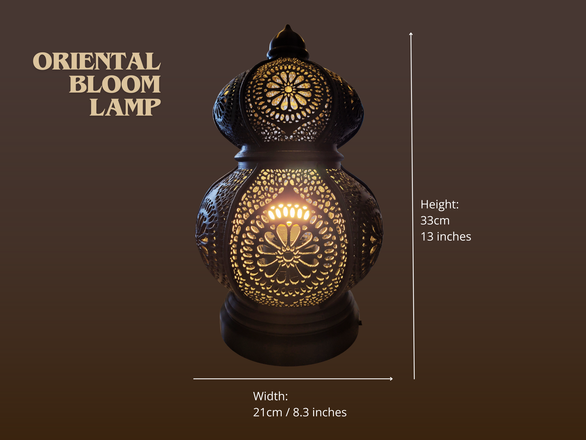 Oriental Bloom lamp with decorative patterns on a brown background