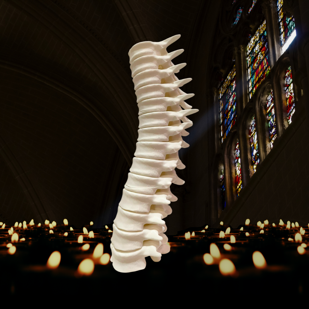 A spine-shaped candle holder in a dark environment with lit candles behind it, creating a eerie and dramatic effect.